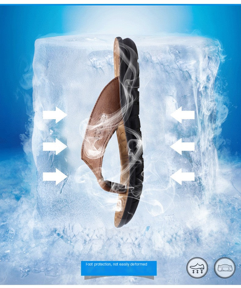Cowhide Men’s Flip Flops Sandals – Non-Slip Leather Summer Slides for Everyday Comfort