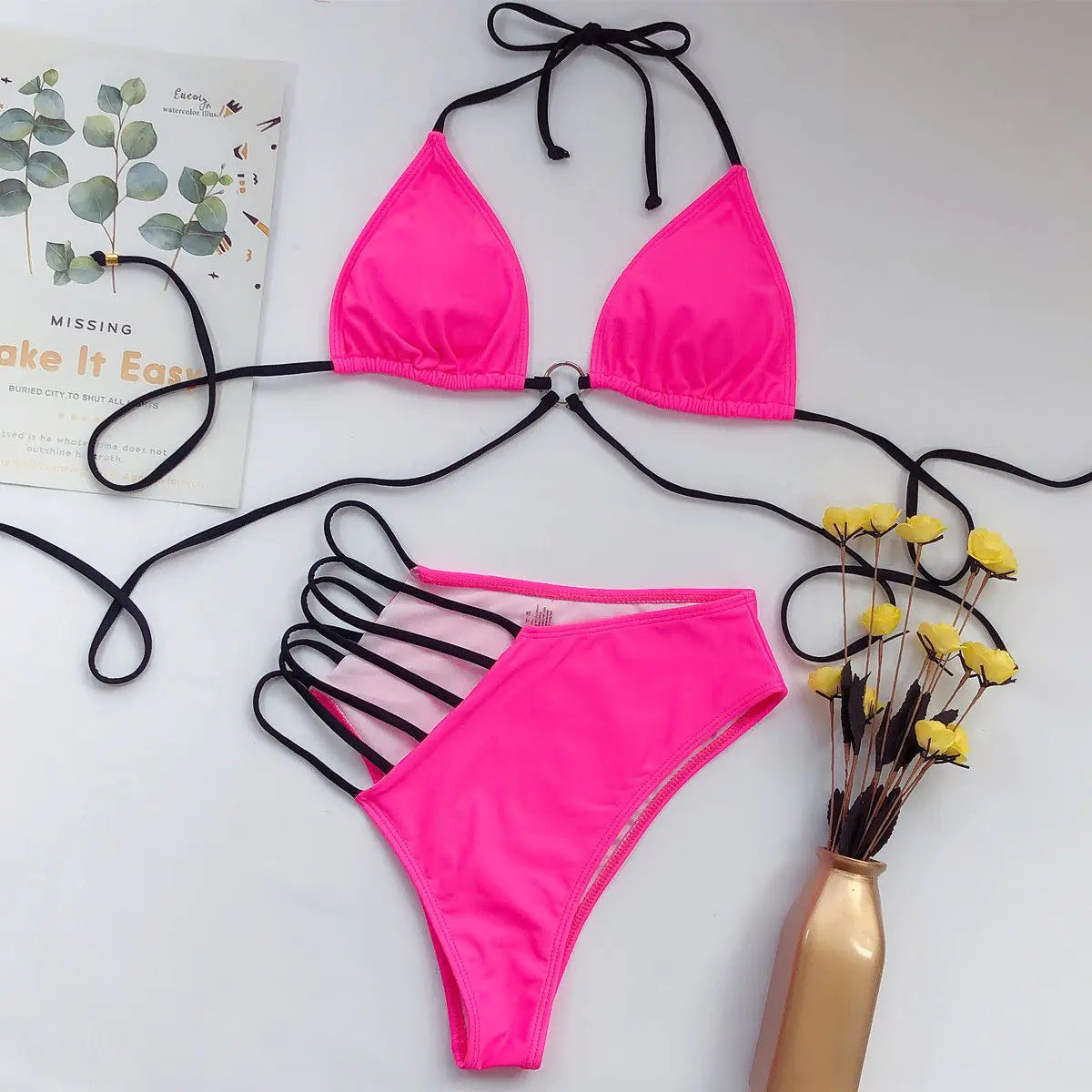 Patterned Bikini Set – Sexy Summer Swimwear in Rose Red & Fluorescent Green (Sizes S–L)