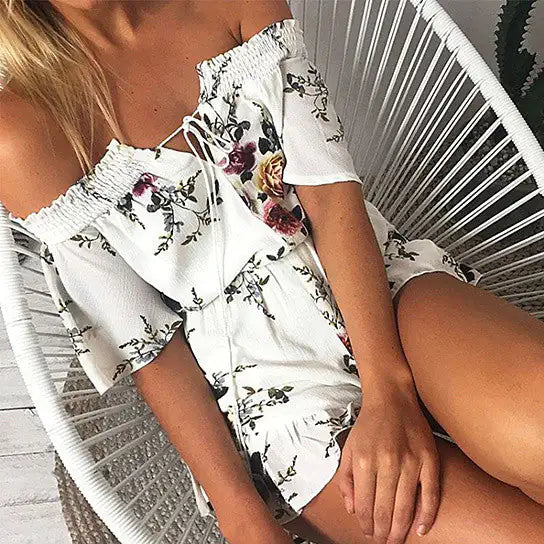 Floral Off-the-Shoulder Romper – Lightweight Cotton Blend, Relaxed Fit with Feminine Spring Print (S–XL)