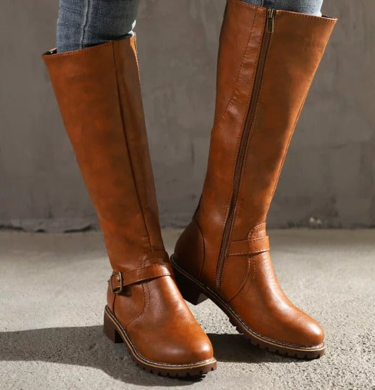 Mid-Calf High Knight Boots (Premium PU Leather, Brass Buckle, Side Zipper, Sizes 5–9)