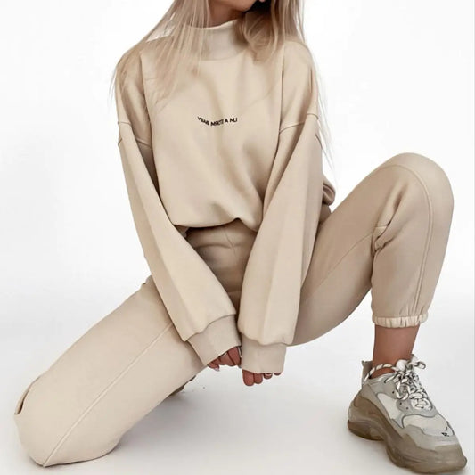 Women’s Printed Sweater Two-Piece Set – Cozy Sweatshirt & Matching Trousers, Soft Polyester Knit (S–XL)