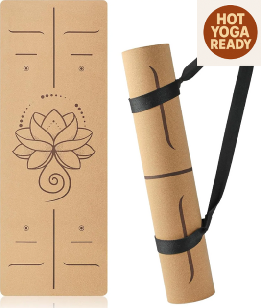Natural Cork Yoga Mat with Lotus Emblem – Eco-Friendly Hot Yoga & Pilates Mat (71" x 26" x 0.2")