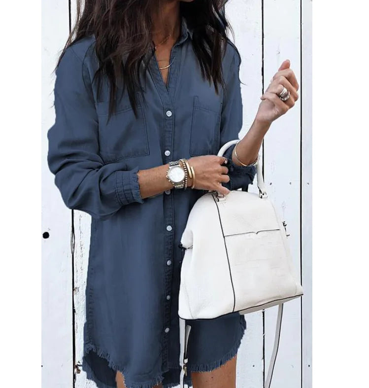 Fringe Denim Shirt – V-Neck Casual Chic in Light Blue, Blue & Army Green (S–XL)