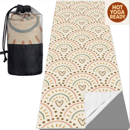 Non-Slip Yoga Mat Towel with 4 Corner Pockets and Travel Bag – Sweat Absorbent Microfiber Hot Yoga Blanket for Pilates, Gym, and Fitness Workouts (Boho, 74"x25")