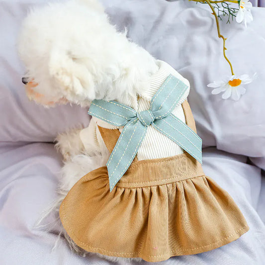 Khaki Bow Student Skirt for Dogs & Cats – Stylish Polyester Pet Outfit (XS–XL)