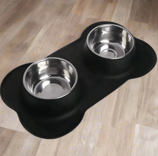 Bone-Shaped Silicone Pet Bowl Mat with Stainless Steel Bowls