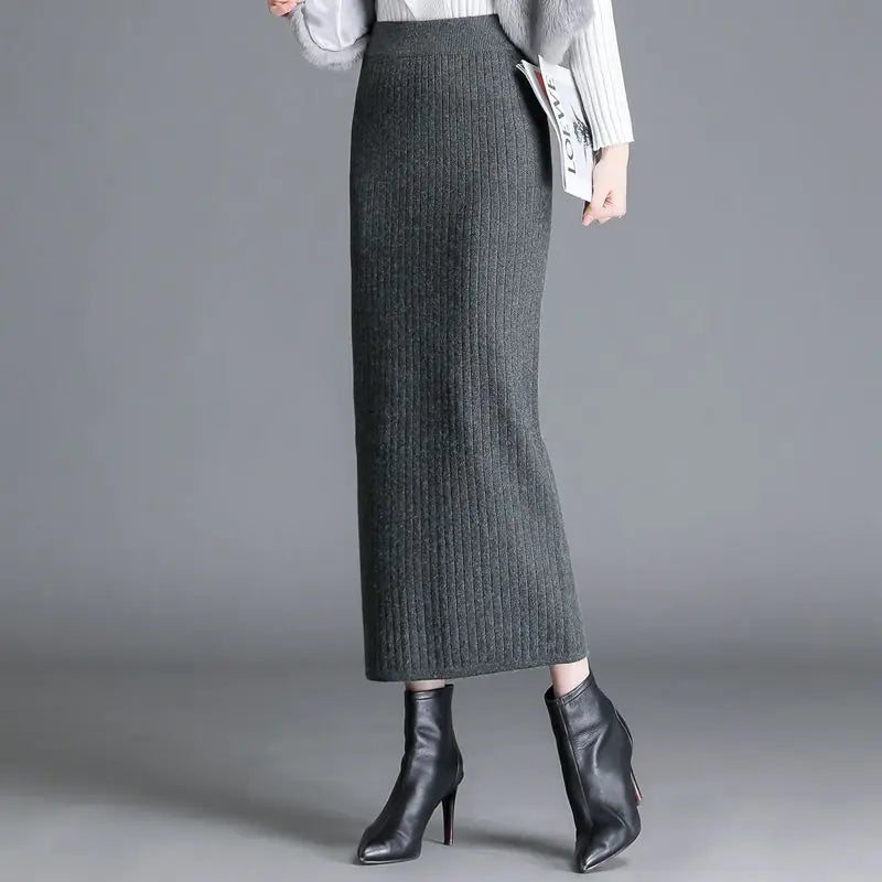 Knitted Mid-Length Skirt (Cotton Comfort, Optional Slit, M–2XL)