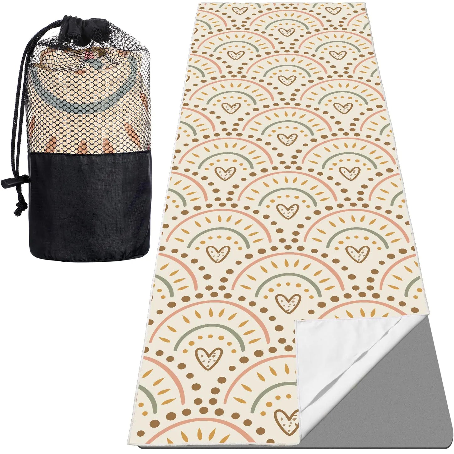 Non-Slip Yoga Mat Towel with 4 Corner Pockets and Travel Bag – Sweat Absorbent Microfiber Hot Yoga Blanket for Pilates, Gym, and Fitness Workouts (Boho, 74"x25")