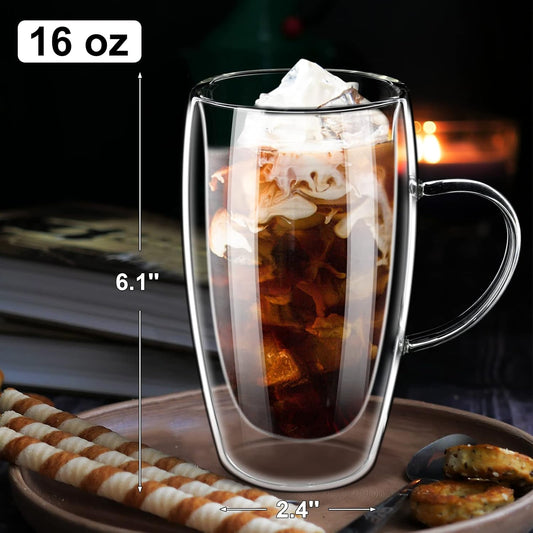 Double Wall Glass Coffee Mugs 16oz with Handle – 2x Clear Borosilicate Glass Cups – Insulated Cappuccino, Latte, Espresso, Tea & Hot Beverage Mug Set