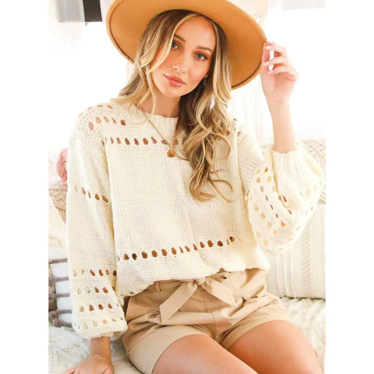 Balloon Sleeves Open-Knit Sweater Top – Lightweight Knit, Relaxed Fit, and Elegant Style