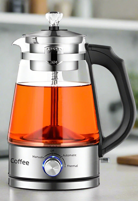 Electric Kettle Coffee Pot – 1L Glass & Stainless Steel Tea Boiler with 4-Gear Control, 110V