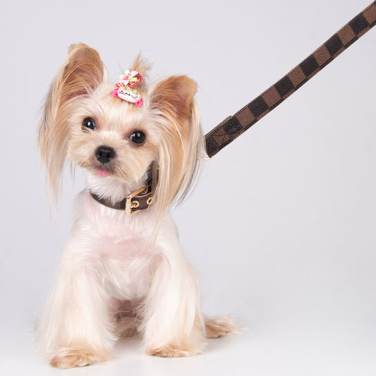 Pet Dog PU Collar Leash Set by Happier – Coffee Plaid Geometric Style with Leather Durability