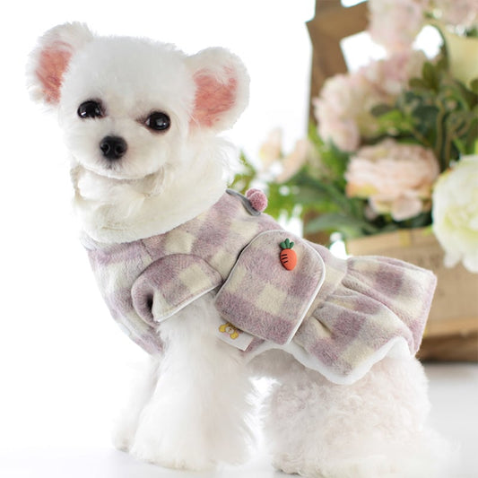 Plaid Skirt Pet Dog Clothes – Lightweight Woolen Fashion for Spring & Summer (XS–XL, Khaki & Purple Powder)