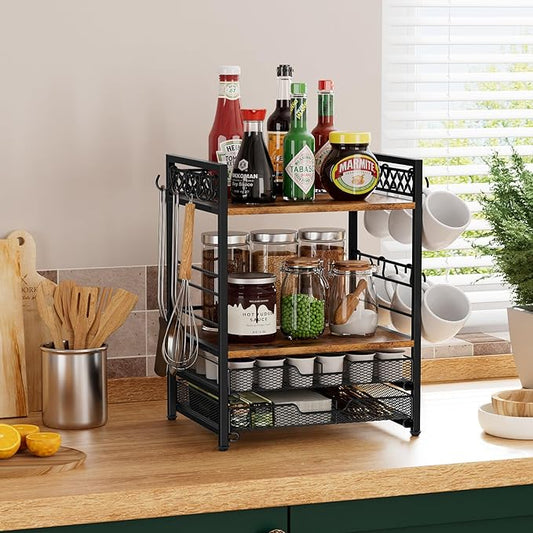 Coffee Bar Organizer Countertop Station Shelf – 4-Tier Mug Cup Holder with 12 Hooks & 30 K-Cup Drawer – Multifunctional Coffee Station Organizer for Accessories & Kitchen Storage