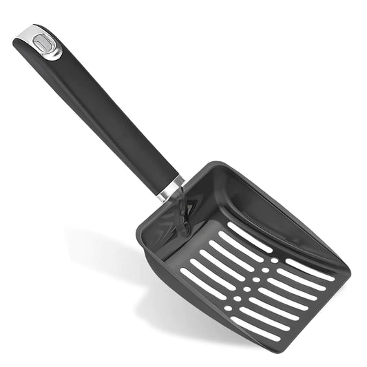 Stainless Steel Cat Litter Scoop with Deep Shovel & Hook – Durable Metal Kitty Litter Scooper with Short Handle, 10.2” Black