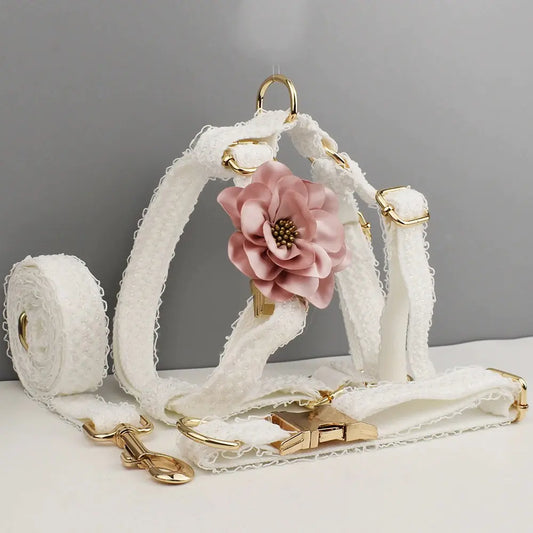 White Lace Pet Vest, Dog Collar & Leash Set (S–XL Sizes)
