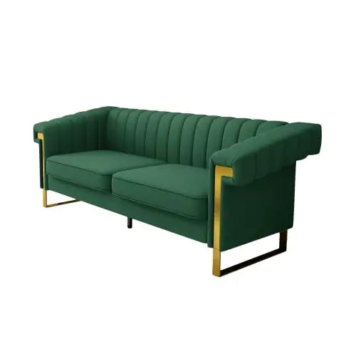 Modern Green PU Sofa with Gold Accents – Channel-Tufted 3-Seater for Living Room & Office
