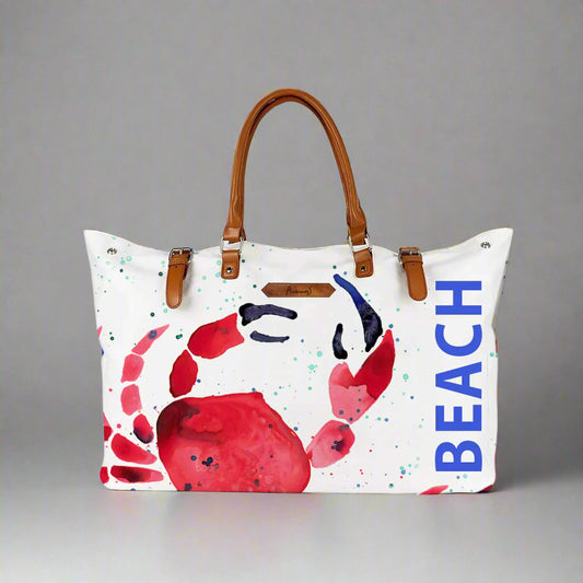Anemoss Beach Bag – Waterproof Crab Print Tote with Magnetic Closure & Inner Pockets (20" x 11", PVC & Canvas Blend)