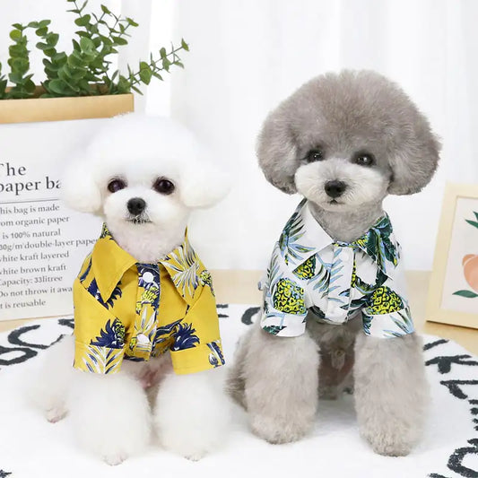 Summer Thin Pet Clothes – Lightweight Hawaiian Cotton Shirt for Dogs (Yellow & White, Sizes S–2XL)