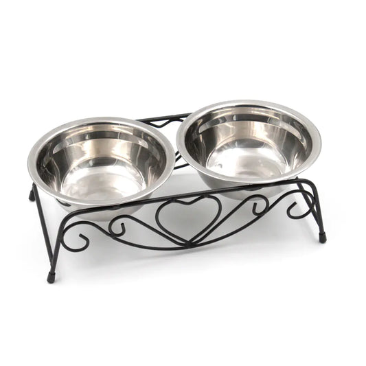 High-End Dual-Use Elevated Stainless Steel Pet Bowl with Black Iron Stand