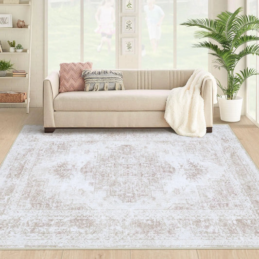 Vintage Distressed Medallion Area Rug – 4x6 Machine Washable, Beige Non-Slip Low Pile Indoor Carpet for Bedroom, Kitchen, Dining Room, Office