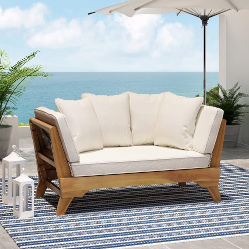Serene Sun Bed – Teak Acacia Wood Frame with Expandable Design and Waterproof Cushions (Full Size, 65"–82" Adjustable Width)