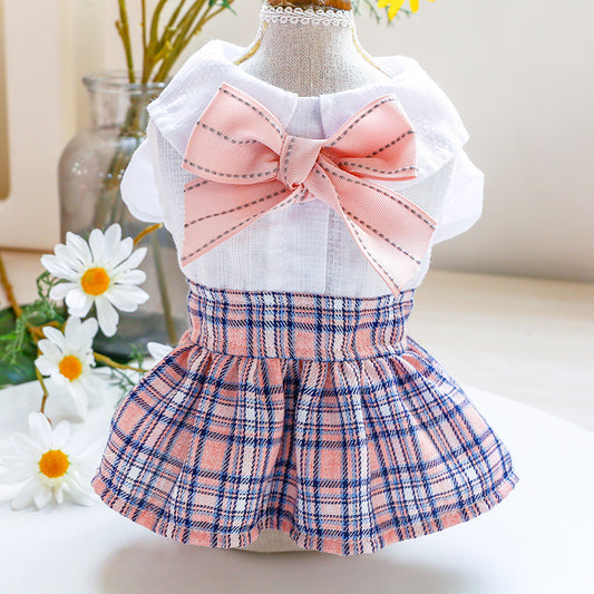 Sweet Princess Skirt for Dogs – Pink Check Bow School Style (XS–XL)