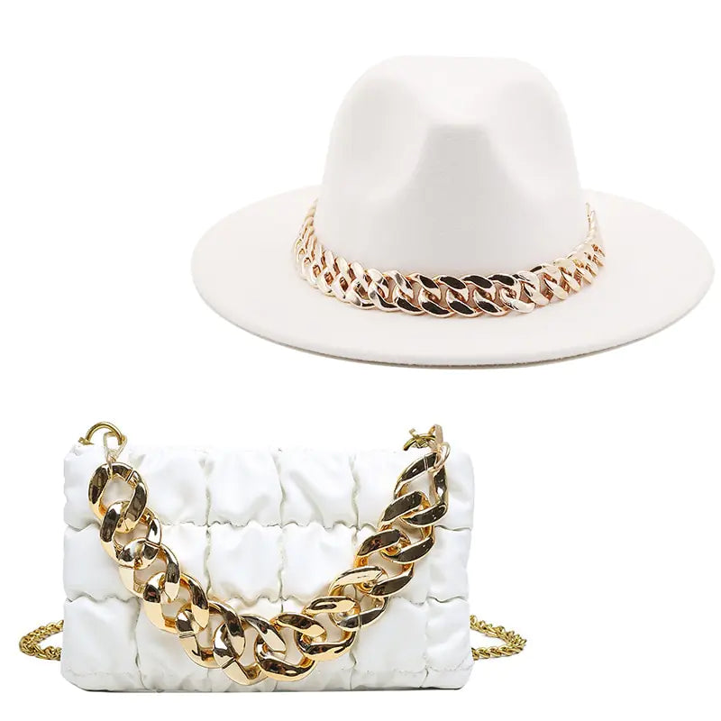 Fedora Hat and Handbag with Gold Chain – A Luxurious Fashion Statement