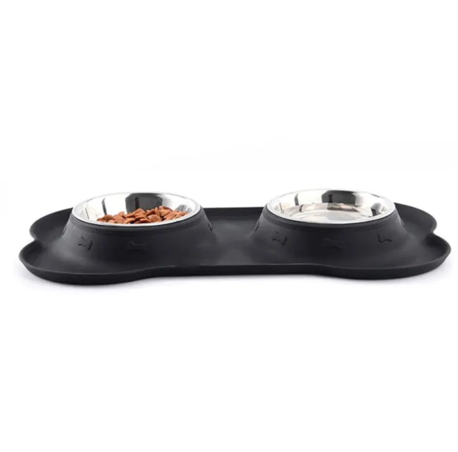 Bone-Shaped Silicone Pet Bowl Mat with Stainless Steel Bowls