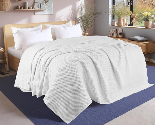 100% Cotton Waffle Weave Blanket – King Size (108"x90") – Lightweight, Breathable & Stylish Throw for Bed, Sofa, or Chair – White