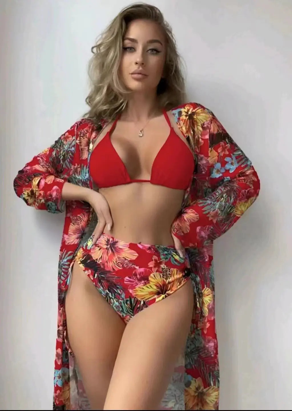 Split Mesh Cover-Up Bikini Set – Three-Piece Swimsuit with Elegant Overlay (Sizes S–XL)