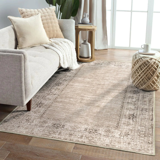 Vintage Bordered Area Rug – 3x5 ft Beige Washable Non-Slip Entryway Carpet