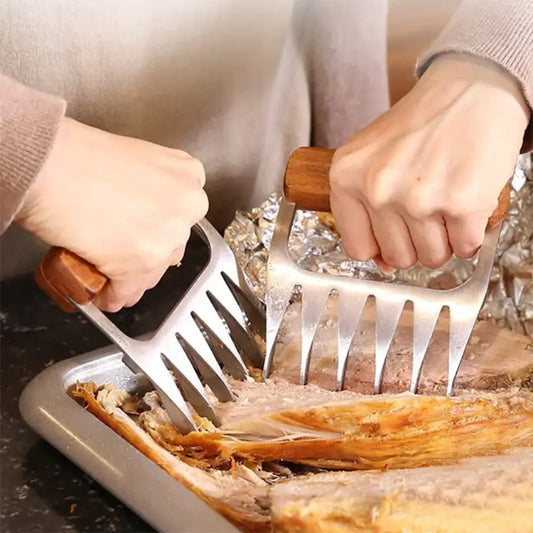 Stainless Steel Meat Shredder Claws – Wooden Handle for Shredding Chicken, Pork, Beef & More