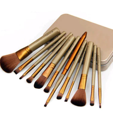 12-Piece Makeup Brush Set in Iron Box – Professional Quality, Travel-Friendly Design (Gold Finish)
