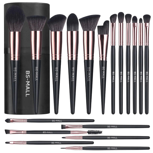 18-Piece Makeup Brush Set with Storage Bucket (Black & Rose Gold, Professional Synthetic Bristles)