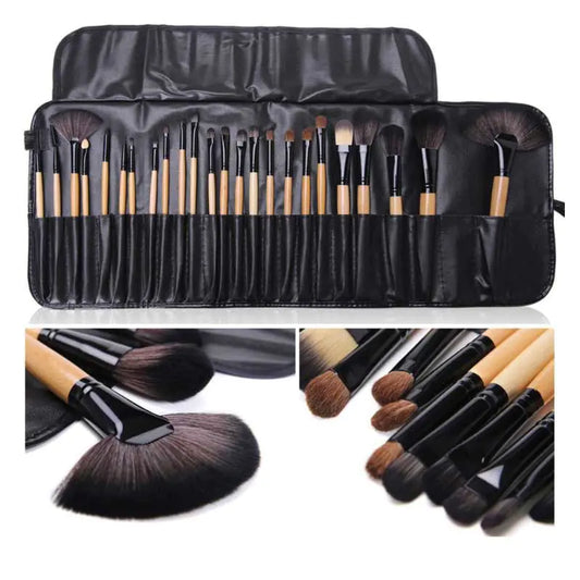 24-Piece Professional Makeup Brush Set – Wooden Handle, Synthetic Fiber Bristles (Pink, Black, Wood Color)