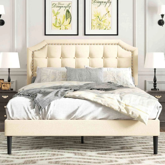 Full Size Platform Bed Frame with Headboard, Button Tufted & Rivet Design, No Box Spring Needed, Easy Assembly, No Noise, Beige Velvet