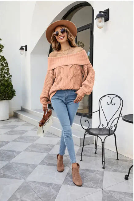 Women’s Chic Off-Shoulder Cable Knit Sweater (Twisted Pattern, S–XL, Multiple Colors)