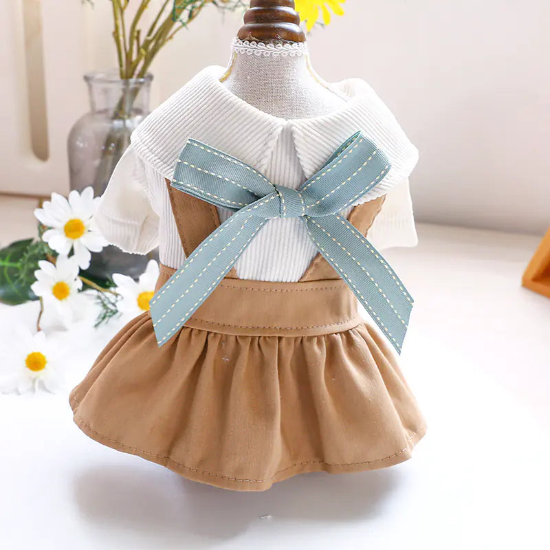 Khaki Bow Student Skirt for Dogs & Cats – Stylish Polyester Pet Outfit (XS–XL)