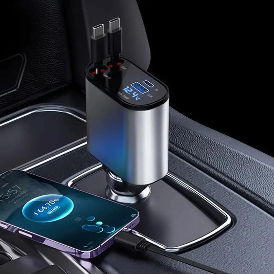 Retractable Car Charger 4-in-1 Fast Charging (100W High-Power, USB + Type-C Dual Port, Automatic Cable Storage)