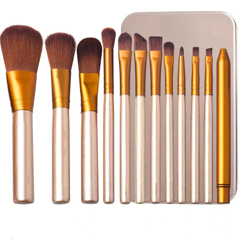 12-Piece Makeup Brush Set in Iron Box – Professional Quality, Travel-Friendly Design (Gold Finish)