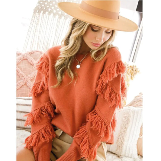Tassel Sleeve Knitted Sweater – Soft Orange Knit with Diagonal Fringe Detail (S–L)