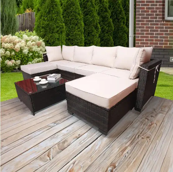 Outdoor Garden Patio Furniture 7-Piece PE Rattan Sofa Set with Cushions & Coffee Table – Beige