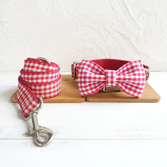Pet Collar Bow Tie Set with Leash – Elegant Red Polyester Set for Stylish Walks (Sizes XS–XL)