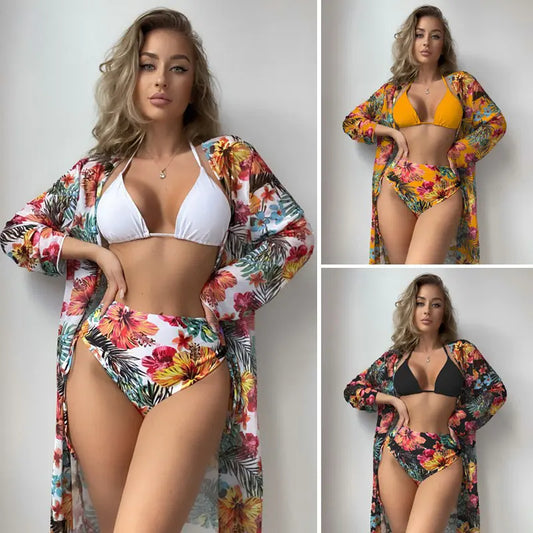 Split Mesh Cover-Up Bikini Set – Three-Piece Swimsuit with Elegant Overlay (Sizes S–XL)