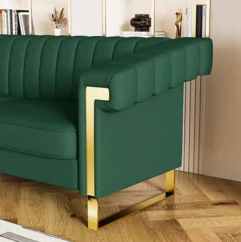 Modern Green PU Sofa with Gold Accents – Channel-Tufted 3-Seater for Living Room & Office