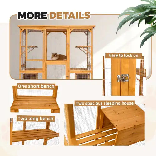 Catio Outdoor Cat Fence with Roof – 72" Tall Yellow Wooden Cat House