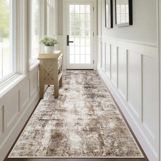 Abstract Washable Runner Rug – 2.6x8 Modern Brown Non-Slip Hallway Carpet, Low Pile Ultra-Soft Distressed Print for Entryway, Kitchen, Bedroom, Living Room