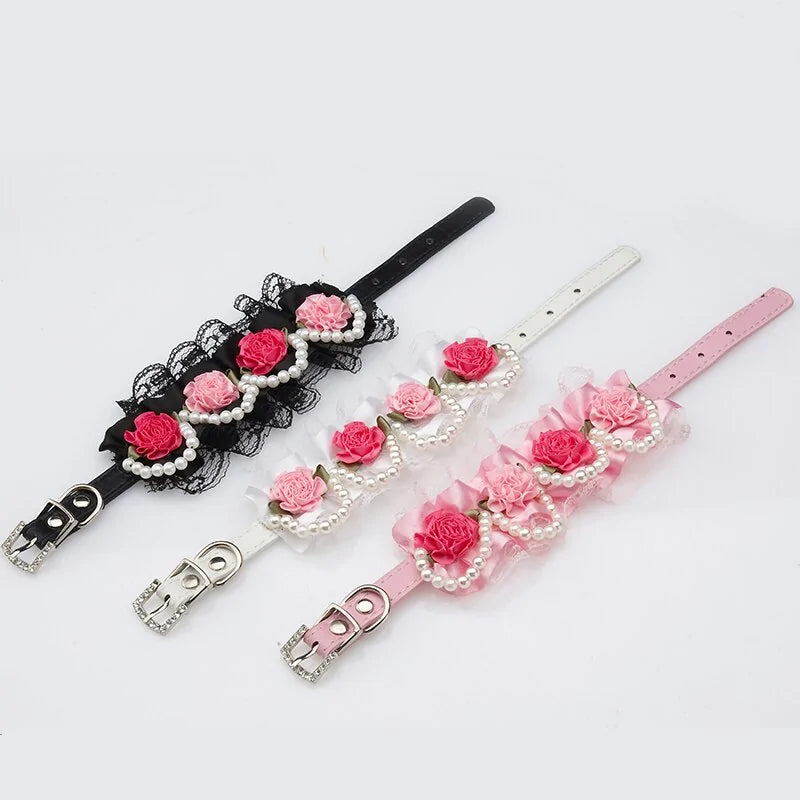 Fancy Leather Dog Collar – Crystal Rhinestone Buckle with Lace & Pearls for Small to Medium Dogs