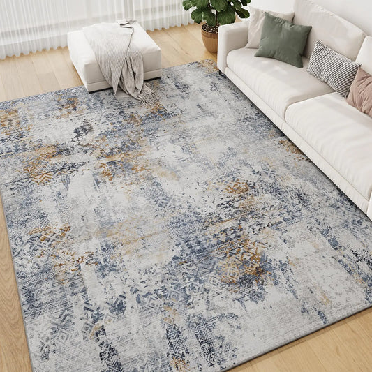 Area Rug 8x10 – Washable Abstract Modern Boho Rug in Navy